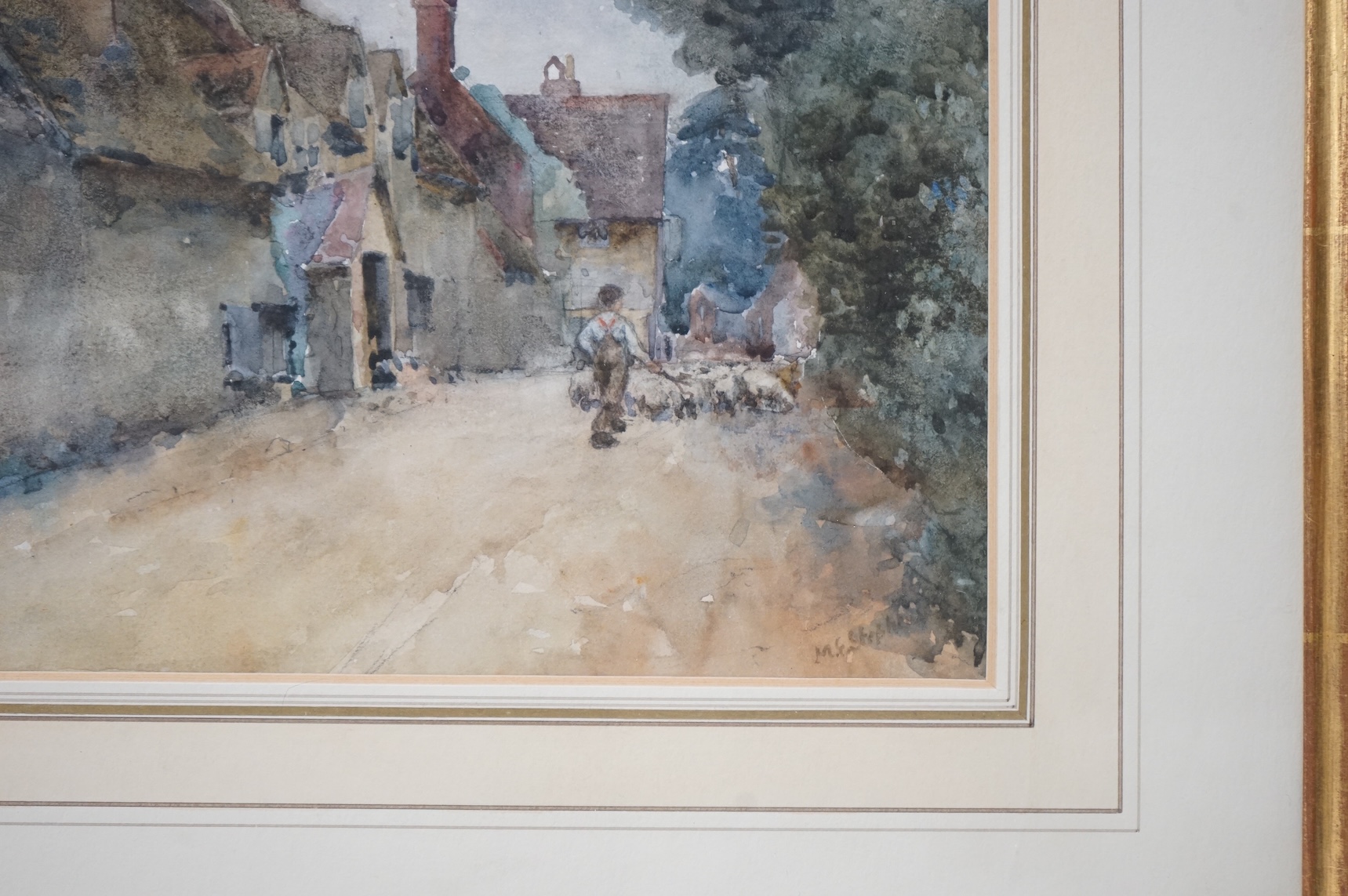 19th century English School, Study of shire horses on a path, unsigned, housed in a burr wood frame, watercolour, together with a similar work, Shepherd and flock of sheep, largest 34 x 24cm